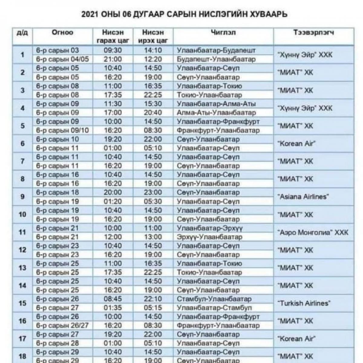 6 сард хийгдэх тусгай үүргийн нислэгийн хуваарь